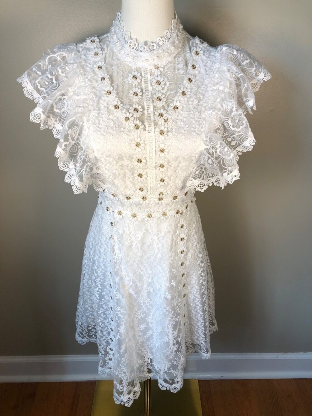 Lace White Mini Dress With Floral Embroidery Ruffle Sleeves Fairycore Size S